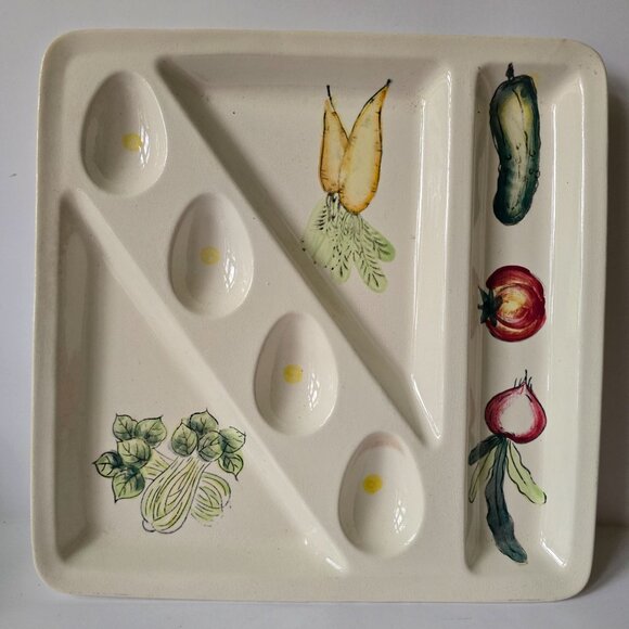 Japanese Ceramic Divided Serving Platter With Hand-Painted Vegetable Design - Picture 12 of 16
